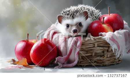 A hedgehog sitting in a basket of apples with a blanket A hedgehog sitting in a basket of apples with a blanket 132737167