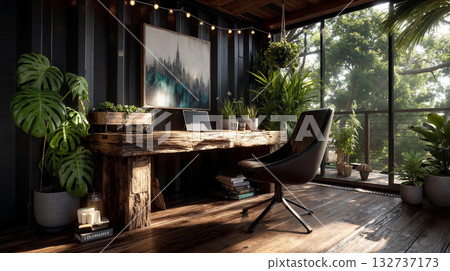 A home office with a desk, chair, and plants 132737173