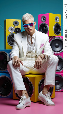 A man in a white suit and sunglasses sitting on a stack of speakers 132737271