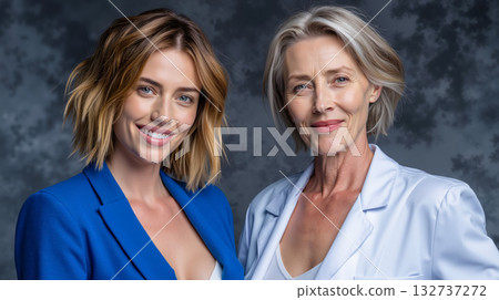 A woman in a blue blazer and a woman with blonde hair A woman in a blue blazer and a woman with blonde hair 132737272