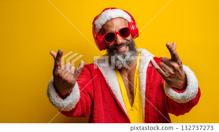 A man in a santa claus outfit with headphones and sunglasses A man in a santa claus outfit with headphones and sunglasses 132737273