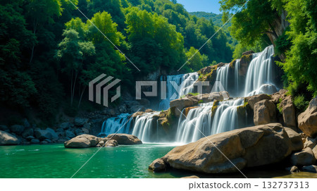 A large waterfall in the middle of a lush green forest A large waterfall in the middle of a lush green forest 132737313