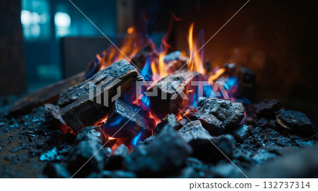 A close up of a fire in a fireplace with blue flames A close up of a fire in a fireplace with blue flames 132737314