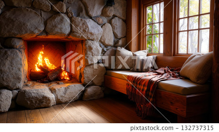 A fireplace with a bench in front of a stone fireplace A fireplace with a bench in front of a stone fireplace 132737315