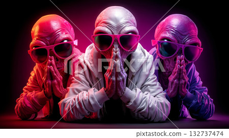 Three aliens wearing pink sunglasses and covering their mouths with their hands Three aliens wearing pink sunglasses and covering their mouths with their hands 132737474