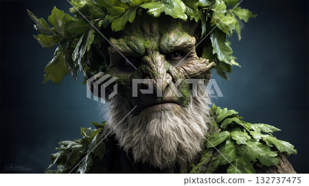 A man with a green face covered in leaves 132737475