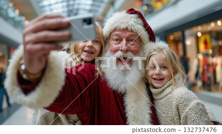 A man dressed as Santa Claus taking a selfie with two little girls A man dressed as Santa Claus taking a selfie with two little girls 132737476