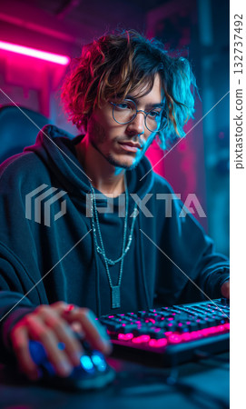 A man in a hoodie sitting at a desk with a keyboard and mouse 132737492