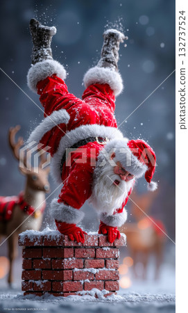 A santa claus doing a handstand on top of a brick wall 132737524