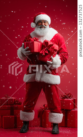 A man dressed as Santa Claus holding a bunch of presents A man dressed as Santa Claus holding a bunch of presents 132737525