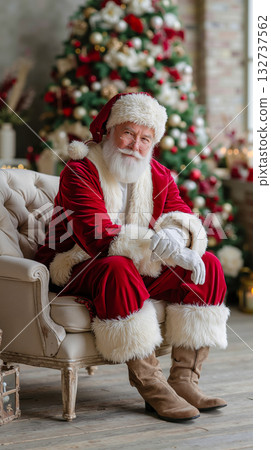 A man dressed as Santa Claus sitting on a chair...-插圖素材 [132737562 ...