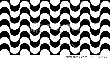 Black and white wavy vector pattern with repeating curved lines. Classic Copacabana sidewalk design, Portuguese pavement style texture from Rio de Janeiro beach promenade. 132737577