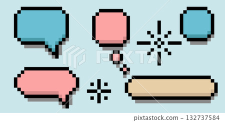 Cute pixel speech bubble set in pastel colors with frame elements and text boxes. 8 bit dialogue clouds for game development, mobile app interface, retro digital art or social media design. 132737584