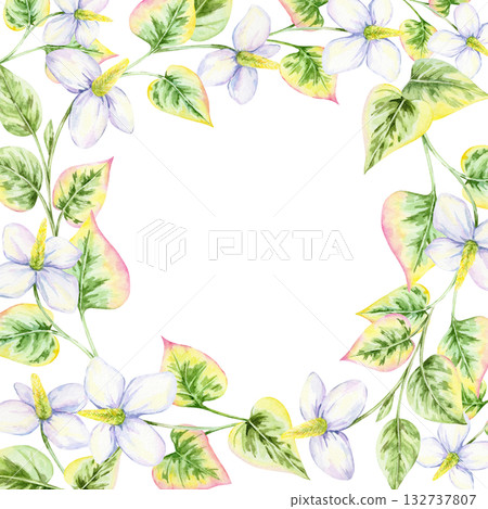Watercolor clipart wreath of white flowers with variegated pink and green leaves, hand drawn. Excellent for invitations, logos, cards, fabric designs, and personalized decorative artwork Watercolor clipart wreath of white flowers with variegated pink and green leaves, hand drawn. Excellent for invitations, logos, cards, fabric designs, and personalized decorative artwork 132737807