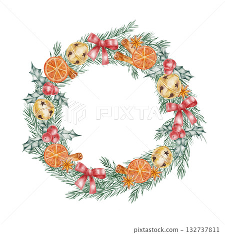 Natural wreath with citrus and pine elements, hand drawn watercolor clipart ideal for rustic winter branding, card making, wrapping paper, and digital scrapbooking Natural wreath with citrus and pine elements, hand drawn watercolor clipart ideal for rustic winter branding, card making, wrapping paper, and digital scrapbooking 132737811