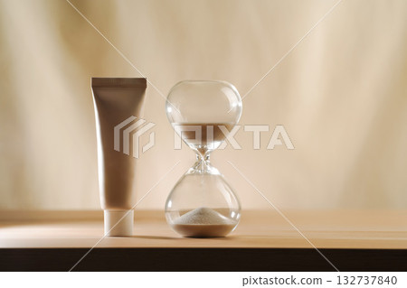 Hourglass with falling sand and full cream tube. Minimalist beige skincare aging concept 132737840