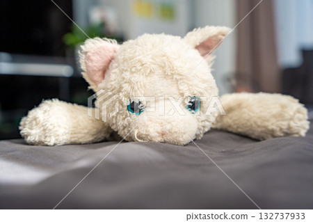 Old worn plush cat toy lying on a couch in a family home. Symbol of sustainable lifestyle choices and emotional value over consumerism in modern parenting. 132737933