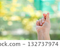 Small child hand showing finger heart gesture with blurred natural background. Youngest generation adopting modern love sign from Gen Z culture. 132737974