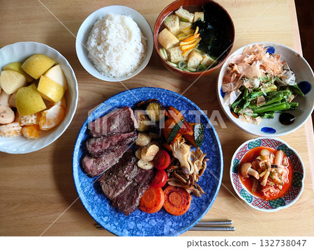 A standard menu item found at a local diner: beef steak set meal (cut steak and grilled vegetables), soup, and small dishes. A standard menu item found at a local diner: beef steak set meal (cut steak and grilled vegetables), soup, and small dishes. 132738047