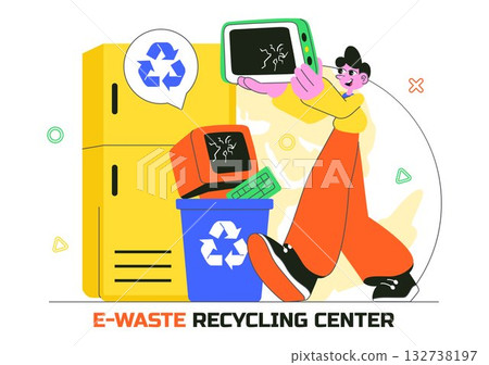 E-Waste Recycling Center Vector Illustration Featuring Electronic Waste Management and Proper Processing of Technological Rubbish In a Background 132738197