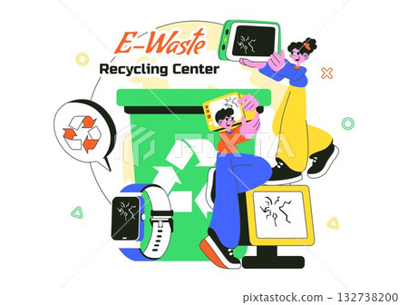 E-Waste Recycling Center Vector Illustration Featuring Electronic Waste Management and Proper Processing of Technological Rubbish In a Background E-Waste Recycling Center Vector Illustration Featuring Electronic Waste Management and Proper Processing of Technological Rubbish In a Background 132738200