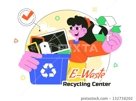 E-Waste Recycling Center Vector Illustration Featuring Electronic Waste Management and Proper Processing of Technological Rubbish In a Background 132738202