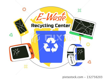 E-Waste Recycling Center Vector Illustration Featuring Electronic Waste Management and Proper Processing of Technological Rubbish In a Background E-Waste Recycling Center Vector Illustration Featuring Electronic Waste Management and Proper Processing of Technological Rubbish In a Background 132738203
