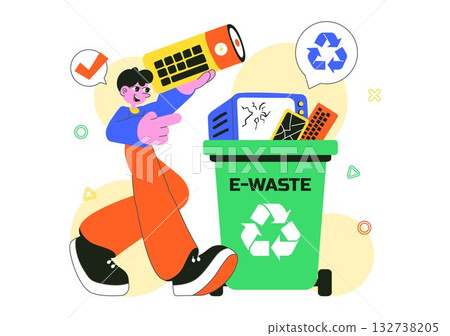 E-Waste Recycling Center Vector Illustration Featuring Electronic Waste Management and Proper Processing of Technological Rubbish In a Background E-Waste Recycling Center Vector Illustration Featuring Electronic Waste Management and Proper Processing of Technological Rubbish In a Background 132738205