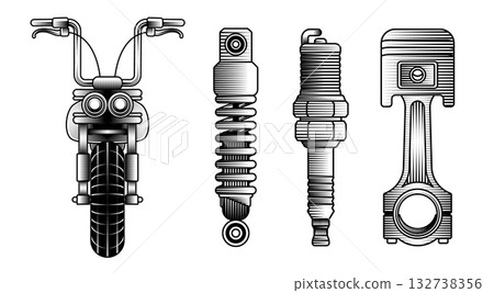 Set of vector illustrations of essential motorcycle elements in vintage woodcut engraving style classic chopper handlebar and wheel shock absorber spark plug and piston 132738356