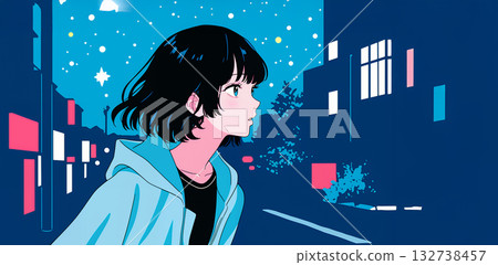 動漫風格女孩的側面和城市景觀 132738457