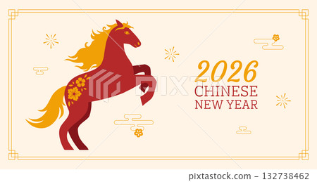 Horizontal festive banner for 2026 Chinese New Year with red horse, golden mane and floral ornaments. Hand drawn vector illustration. 132738462