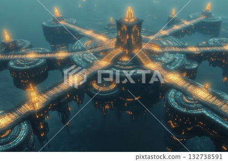 Floating city with geometric design illuminated at dusk above a tranquil landscape 132738591