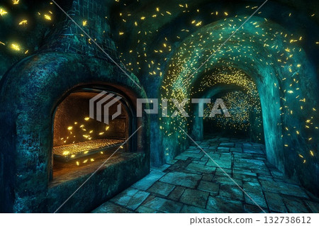 Underwater oven surrounded by magical fireflies illuminating the ancient walls in a mystical setting Underwater oven surrounded by magical fireflies illuminating the ancient walls in a mystical setting 132738612