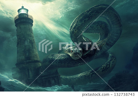 Giant underwater snake coils around an old lighthouse amidst turbulent sea and stormy skies 132738743