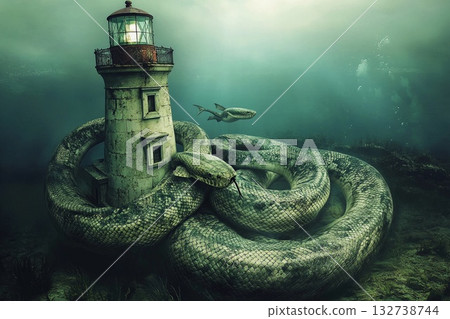 Giant underwater snake coils around an old lighthouse amidst turbulent sea and stormy skies Giant underwater snake coils around an old lighthouse amidst turbulent sea and stormy skies 132738744