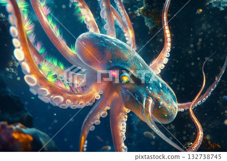 Giant squid displaying vibrant fluorescent feathers on its tentacles in a deep ocean habitat 132738745