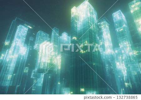 Holographic cityscape featuring towering glass skyscrapers illuminated in a futuristic urban setting 132738865