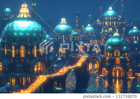 Symmetrical underwater city features bubble-like domes and illuminated pathways creating a serene aquatic environment 132738870