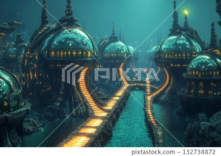 Symmetrical underwater city features bubble-like domes and illuminated pathways creating a serene aquatic environment 132738872