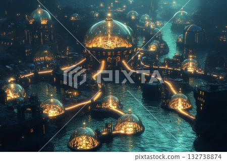Symmetrical underwater city features bubble-like domes and illuminated pathways creating a serene aquatic environment 132738874