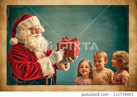 Santa Claus shares joy with children while giving gifts during a magical holiday celebration in a festive setting 132739001