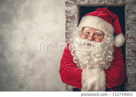 Minimalist Santa Claus emerging from chimney with presents during snowy evening in a quaint town Minimalist Santa Claus emerging from chimney with presents during snowy evening in a quaint town 132739002