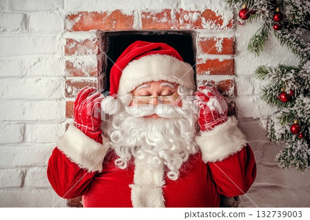 Minimalist Santa Claus emerging from chimney with presents during snowy evening in a quaint town 132739003