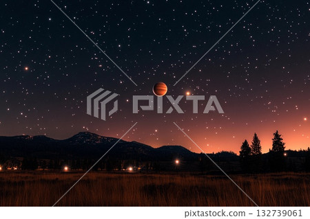 Enormous planets loom over a serene night sky filled with stars 132739061