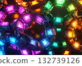 Interlocking toruses with glowing symmetrical cutouts create a vibrant visual display 132739126