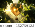 Hot air balloon glides through sky, propelled by giant leaves harnessing sunlight for energy 132739128