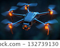 Drone with symmetrical wings and glowing sensors flying above an urban landscape at twilight 132739130