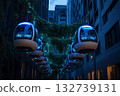 Public transport pods glide through bioluminescent alleys amid urban greenery at twilight 132739131