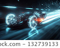 Futuristic vehicle with geometric wheels cruising through a neon-lit cityscape at night 132739133