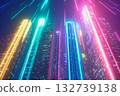 Futuristic city skyline with glowing skyscrapers illuminated at night 132739138